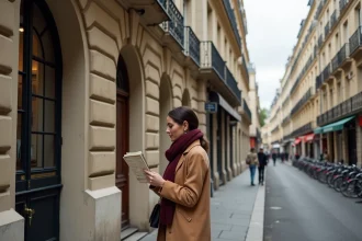 Façade Haussmannienne au 2 Rue Vivienne à Paris avec une femme élégante devant une porte ancienne dans le quartier Vivienne en 2026