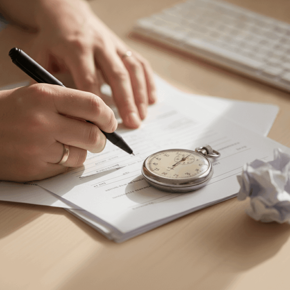 Gros plan sur le chronométrage manuel du traitement d'une commande papier par un collaborateur ADV