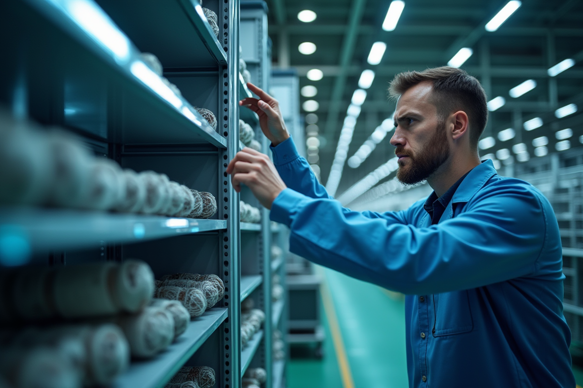 Ingénieur inquiet devant rayon vide dans usine de semi-conducteurs