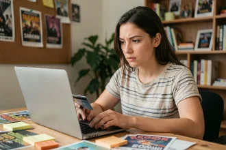 Jeune femme concentrée qui achète des billets pour les Vieilles Charrues sur son ordinateur portable avec carte bancaire en main