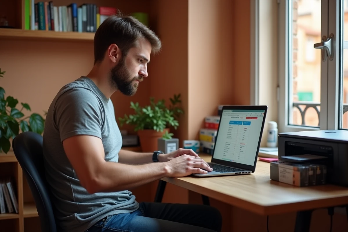 Jeune homme recherchant les meilleures offres de cartouches d'imprimante en ligne depuis son bureau à domicile en Espagne