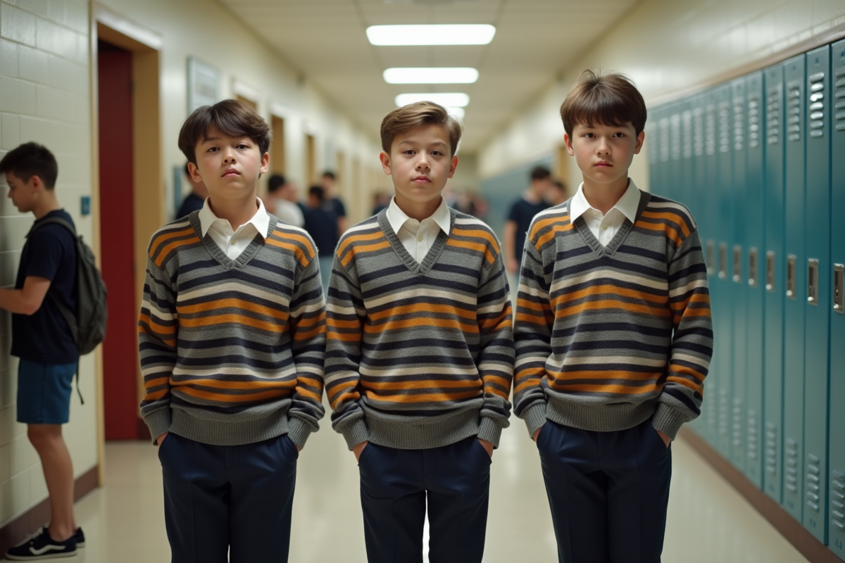 Trois adolescents en pulls rayés dans un couloir scolaire