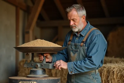 Agriculteur français examinant une balance mécanique à quintal dans une grange rustique avec poids en métal