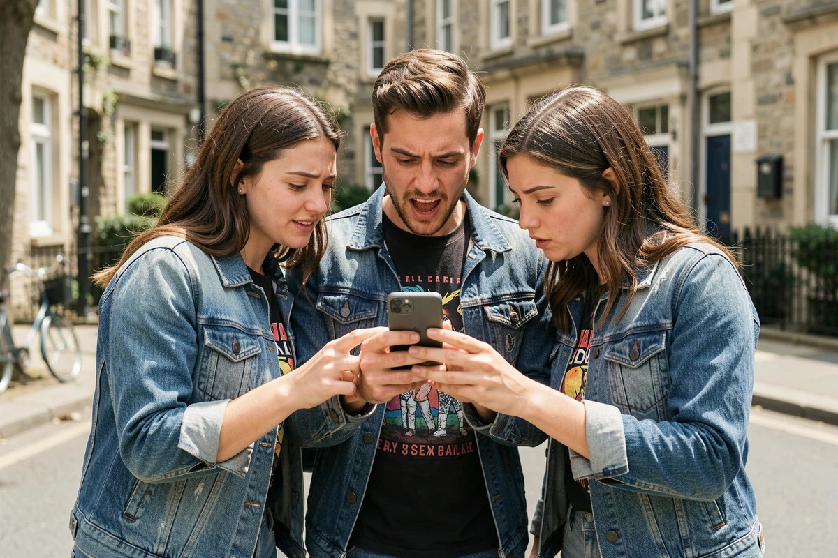 Groupe d'amis vérifiant la billetterie des Vieilles Charrues 2026 sur un smartphone dans la rue