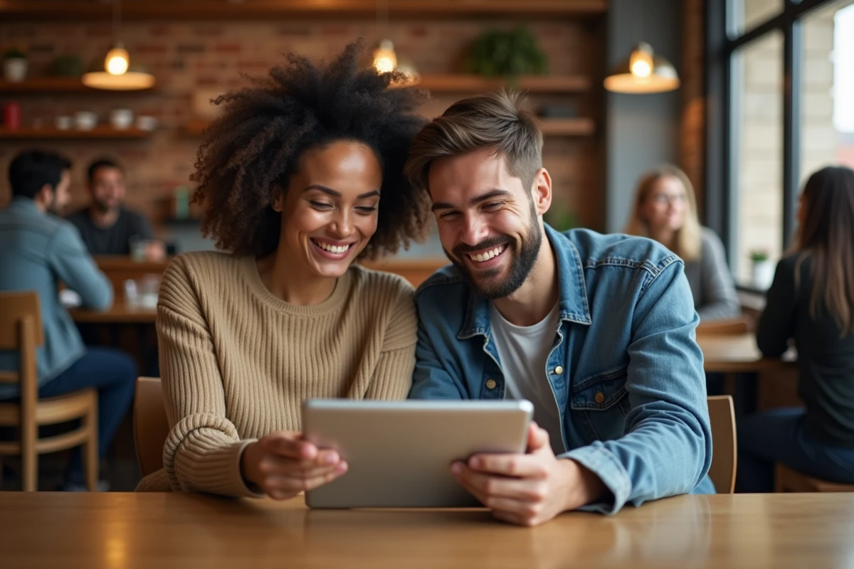 Deux amis dans un café consultant ensemble une page de codes promotionnels sur une tablette, expression amusée en triant les offres actives