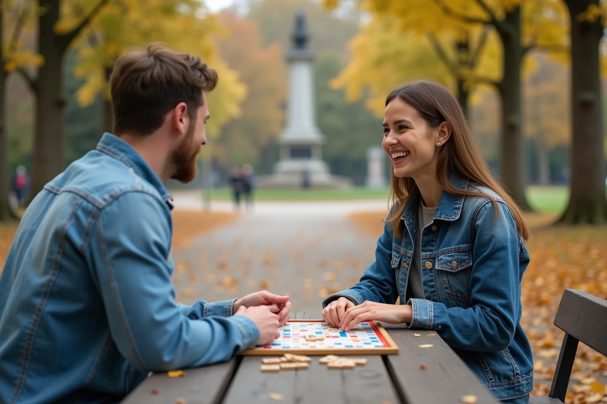 Deux amis jouent au Scrabble dans un parc en automne