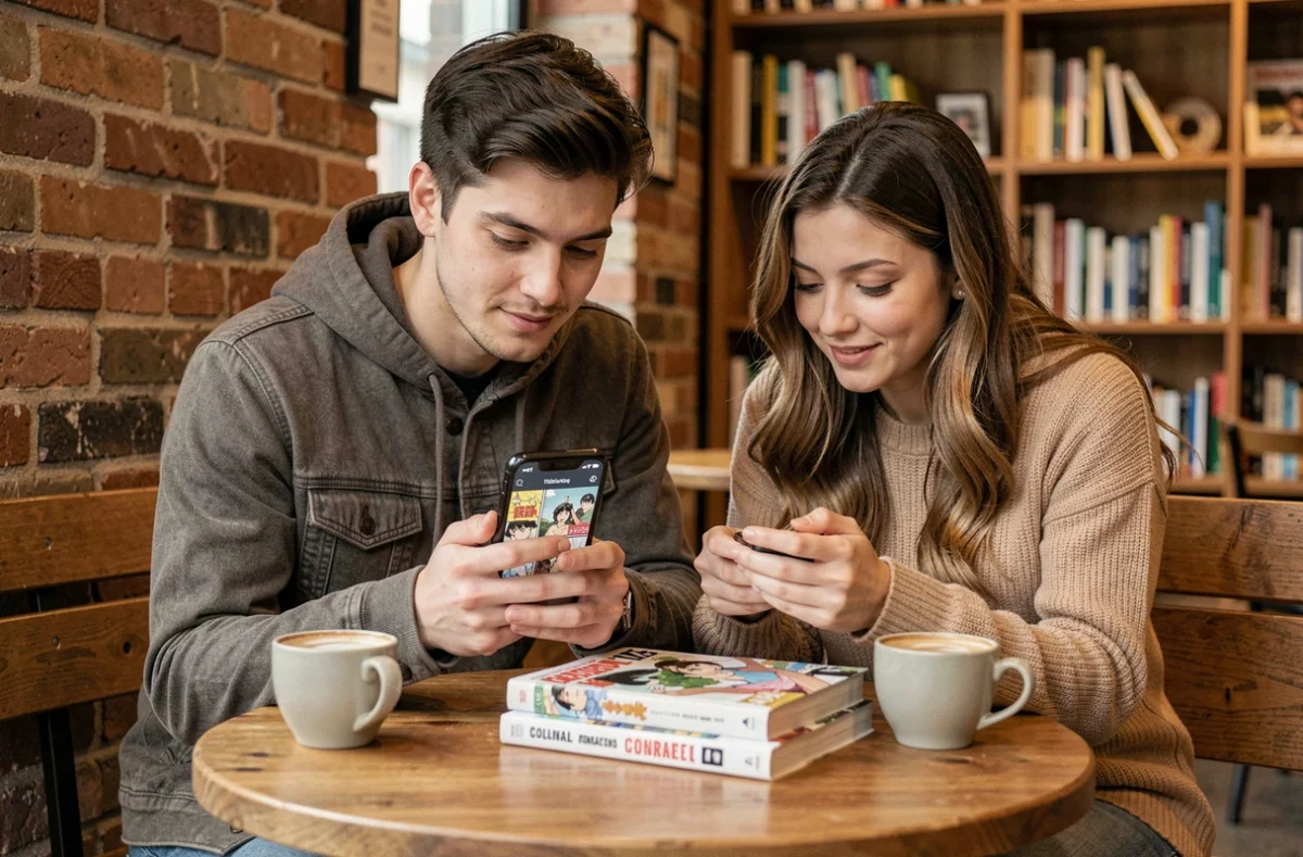 Deux amis lisant des mangas légalement sur smartphone dans un café avec des volumes physiques sur la table