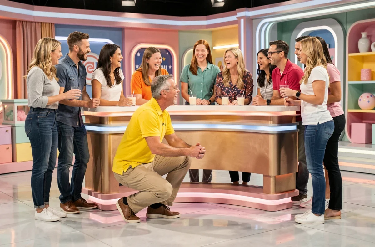 Animateur télé de grande taille interagissant avec des candidats sur un plateau de jeu, illustrant la dynamique visuelle créée par les différences de stature à la télévision française