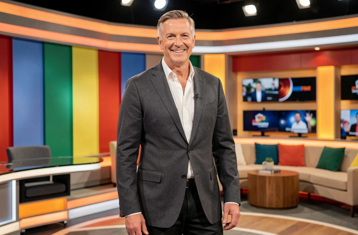 Animateur de télévision grand et charismatique sur un plateau de jeu télévisé coloré, illustrant l'impact de la taille sur la présence à l'écran