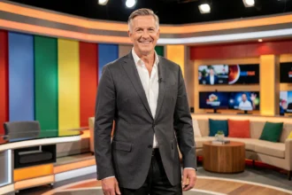 Animateur de télévision grand et charismatique sur un plateau de jeu télévisé coloré, illustrant l'impact de la taille sur la présence à l'écran
