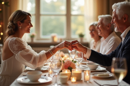 Couple d'âge moyen échangeant des anneaux lors d'un anniversaire de mariage en famille