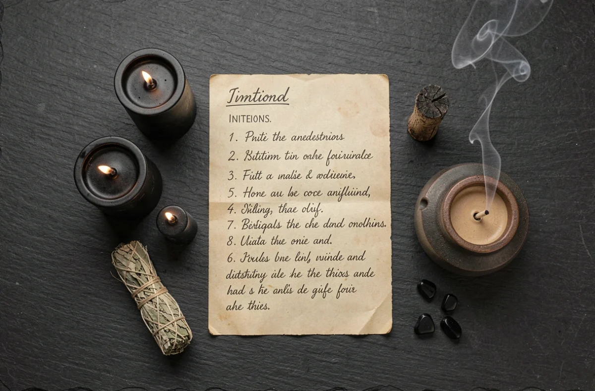 Vue de dessus d'un arrangement rituel avec plusieurs bougies noires et objets symboliques