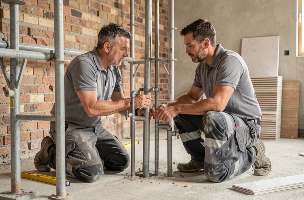 Deux artisans bâtisseurs installant la plomberie dans une maison en rénovation avec murs en briques apparentes