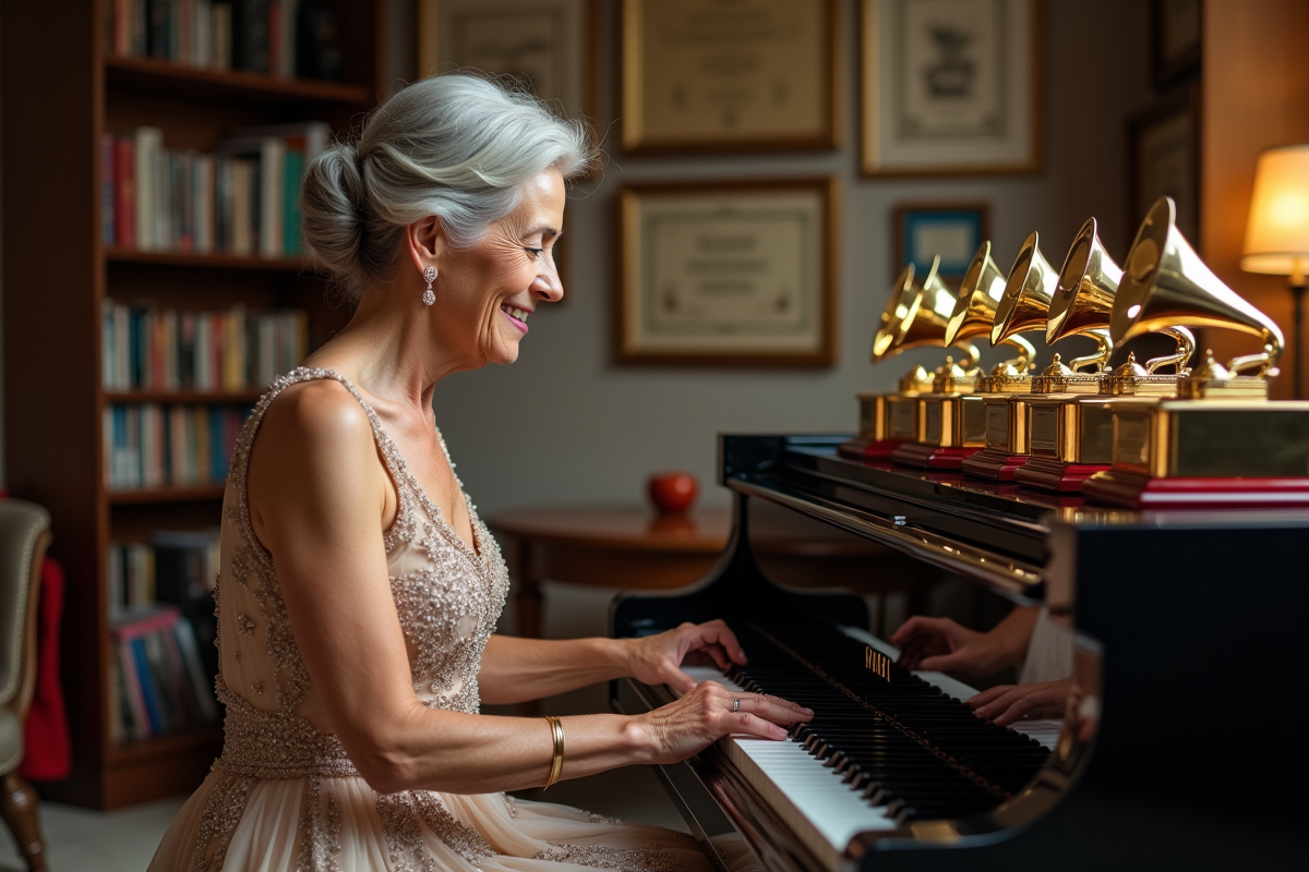 Femme artiste âgée touchant trophées Grammy sur piano