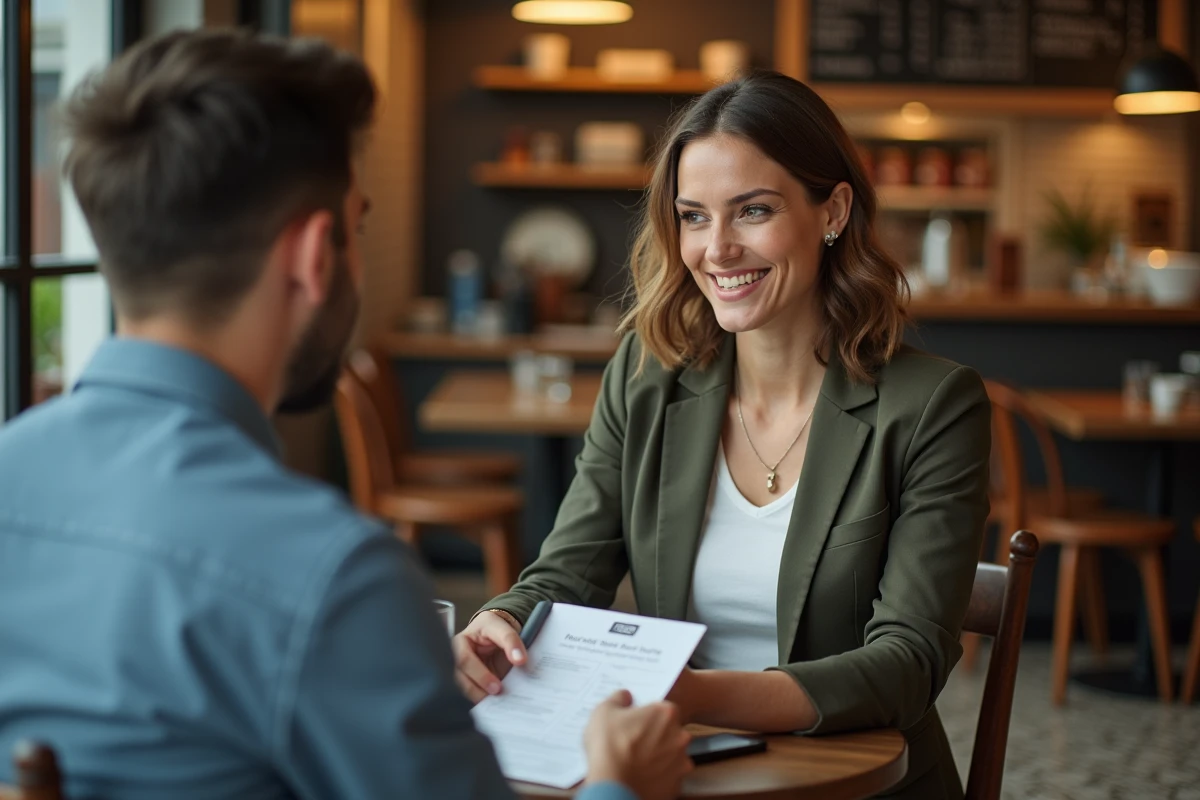 Artiste indépendante présentant son portfolio à un client dans un café, symbolisant la construction d'une carrière artistique viable