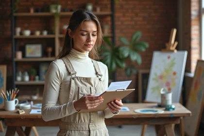 Artiste peintre femme dans son atelier examinant une facture, illustrant la gestion financière d'un emploi artistique