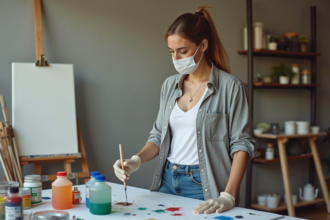 Femme d'âge moyen mélangeant peinture acrylique dans un atelier lumineux