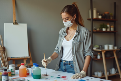 Femme d'âge moyen mélangeant peinture acrylique dans un atelier lumineux