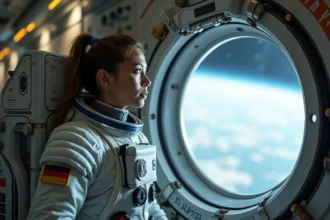 Astronaute féminine dans sa combinaison regardant la Terre