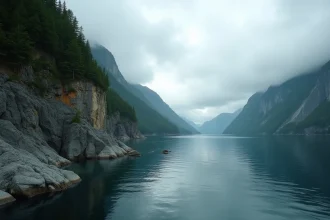 Fjord de la baie de Lituya en Alaska avec falaises rocheuses et forêt de conifères illustrant le glissement de terrain à l'origine du tsunami de 1958