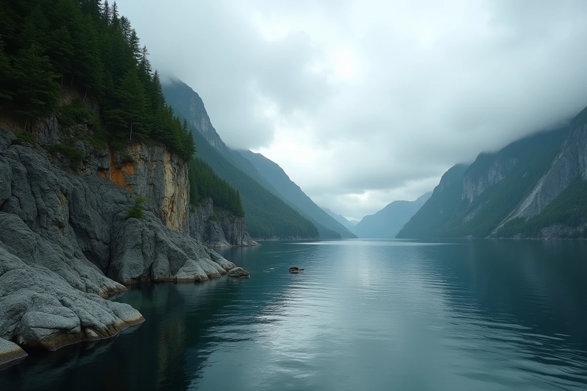 Fjord de la baie de Lituya en Alaska avec falaises rocheuses et forêt de conifères illustrant le glissement de terrain à l'origine du tsunami de 1958