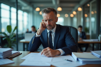 Banquier stressé au bureau avec papiers et écrans