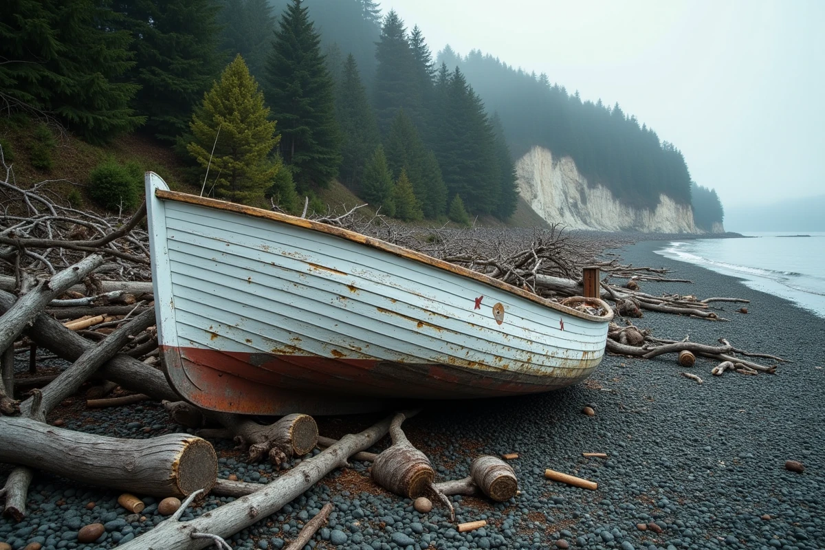 Bateau de pêche échoué parmi les débris d'arbres arrachés avec la ligne de dévastation visible sur les collines de la baie de Lituya après le passage du méga-tsunami de 1958