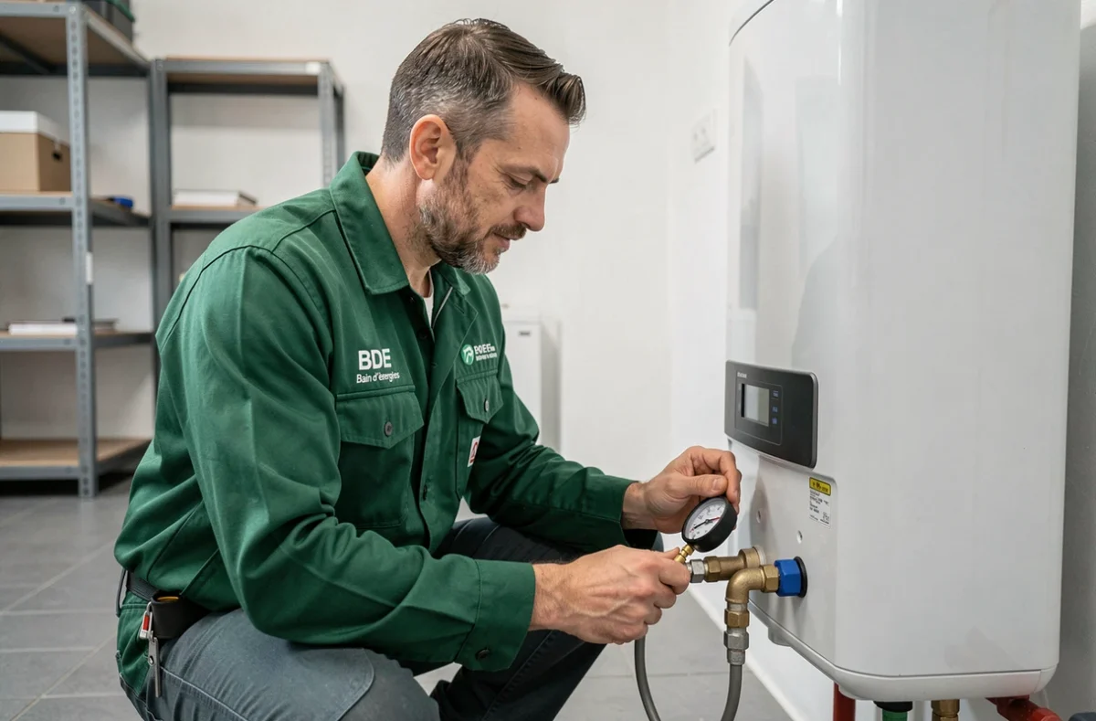 Technicien de BDE Bain d'énergies inspectant un chauffe-eau moderne dans une salle technique résidentielle