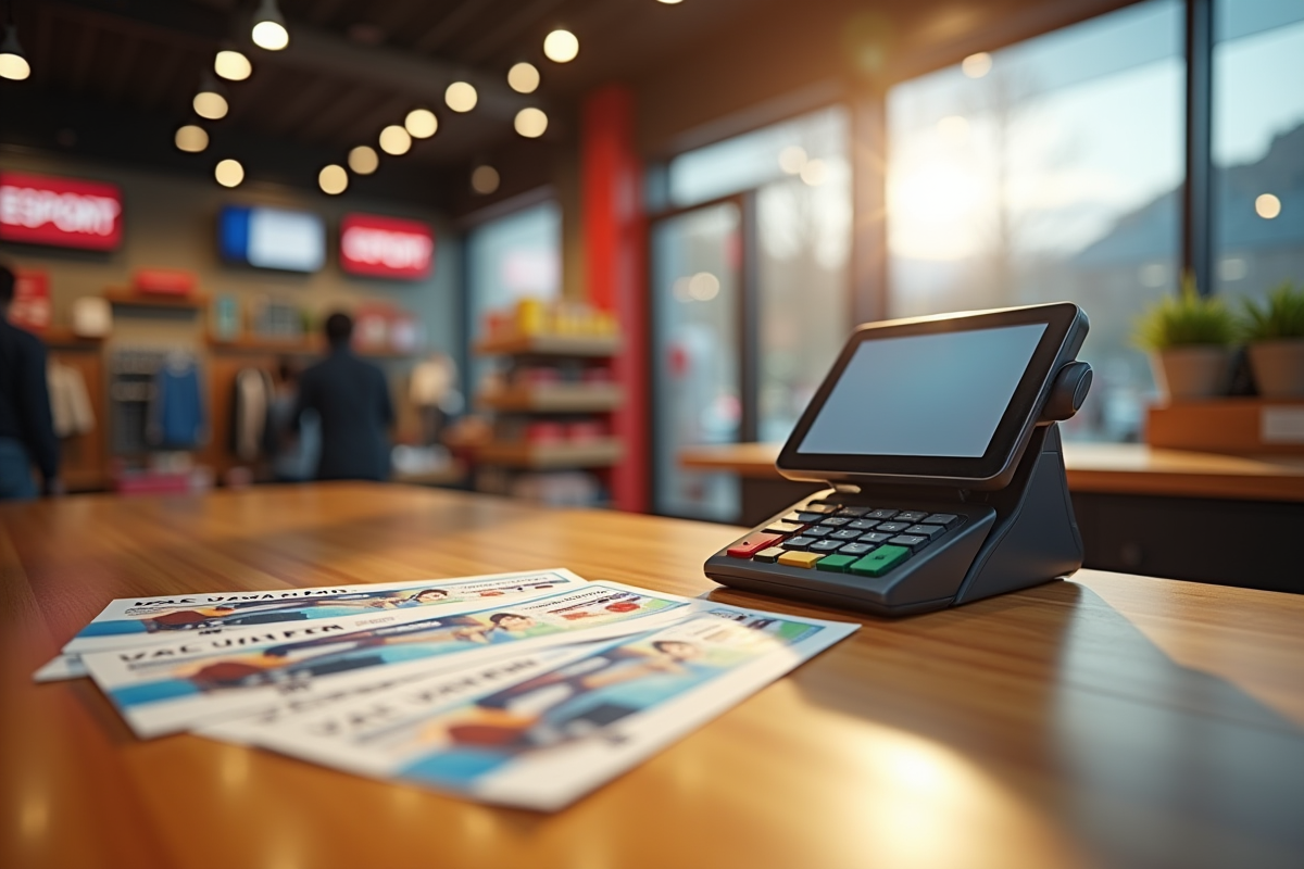 Gros plan sur bons de vacances et terminal de paiement en magasin