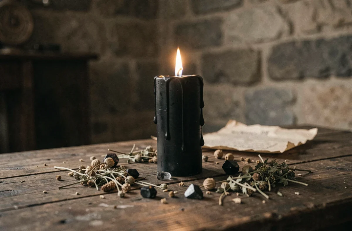 Bougie noire allumée sur un autel rituel entouré d'herbes séchées et de cristaux sombres
