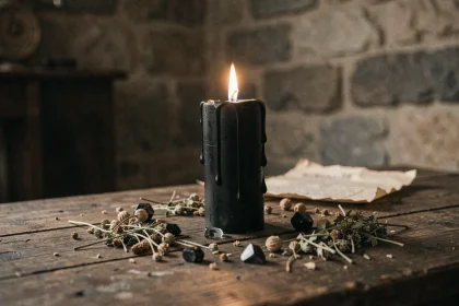 Bougie noire allumée sur un autel rituel entouré d'herbes séchées et de cristaux sombres