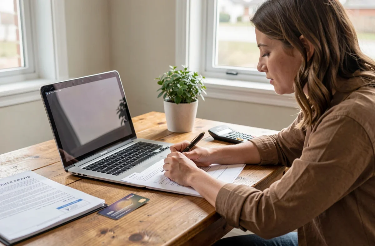 Bureau avec dossier administratif, ordinateur portable et carte bancaire