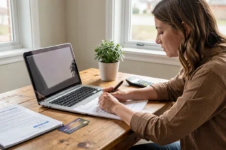 Bureau avec dossier administratif, ordinateur portable et carte bancaire