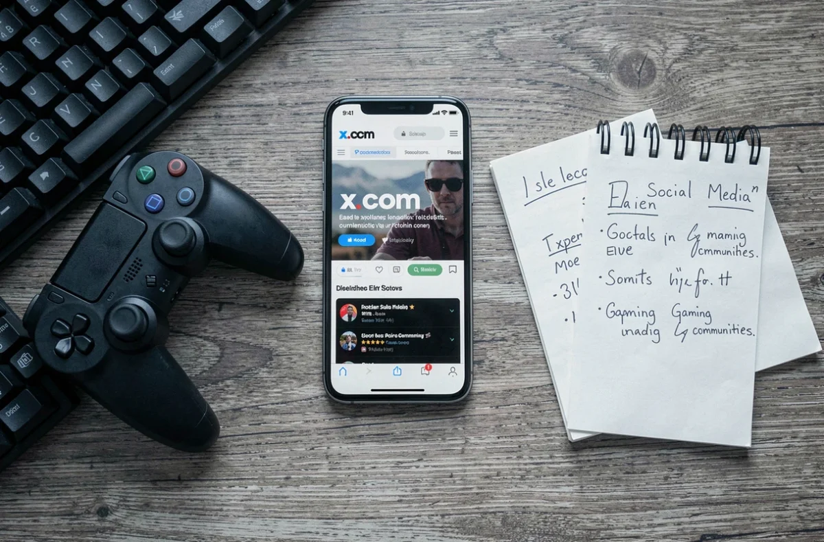 Vue aérienne d'un bureau gamer avec smartphone sur x.com, manette et clavier mécanique représentant la fusion jeu vidéo et réseaux sociaux