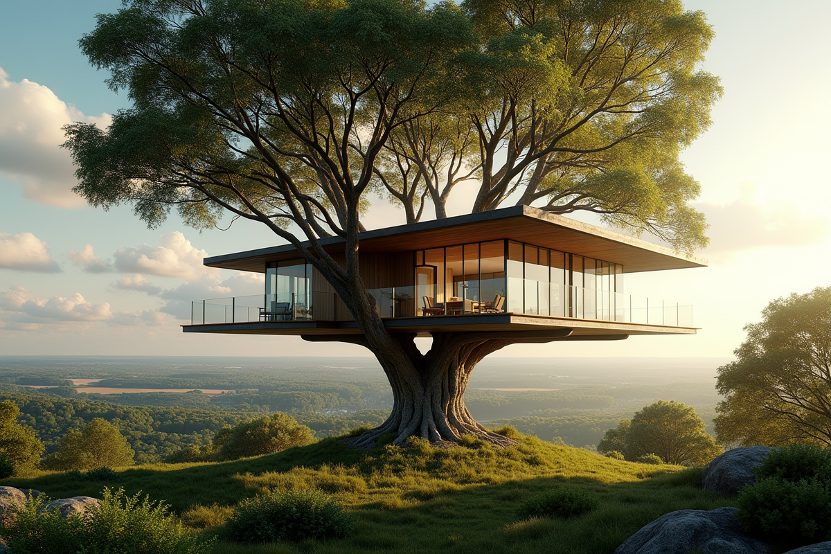 Cabane dans les arbres moderne avec grandes fenêtres en hauteur