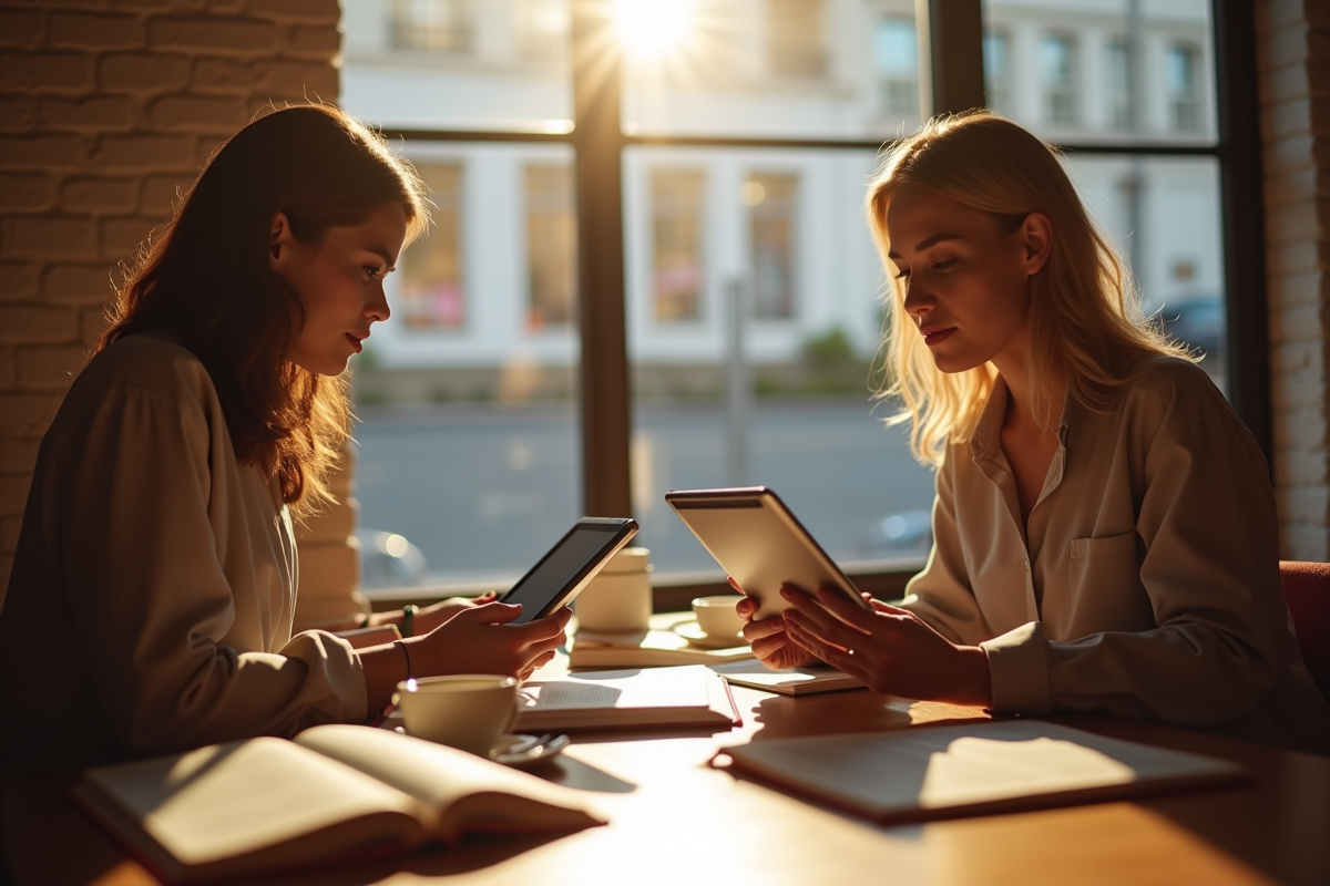 Deux personnes dans un cafe tenant des tablettes avec DeepL et Google Translate