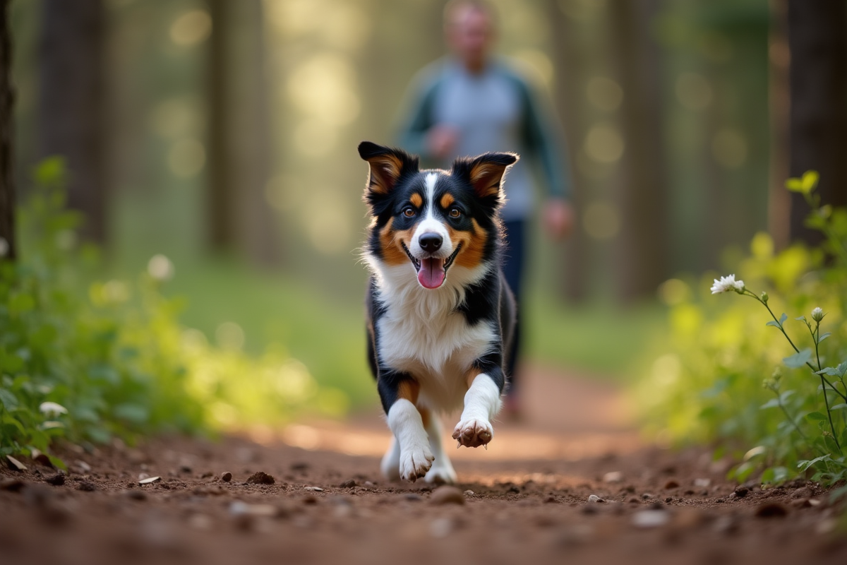 Australian shepherd courant avec son maître en canicross en forêt