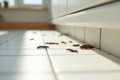 Zoom sur des larves sur un sol de cuisine blanc