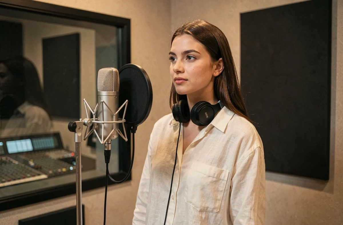 Chanteuse anglaise en studio d'enregistrement avec micro vintage et casque, illustrant les voix populaires des séries Netflix