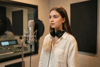Chanteuse anglaise en studio d'enregistrement avec micro vintage et casque, illustrant les voix populaires des séries Netflix