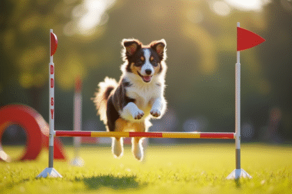 Australian shepherd sautant un obstacle en extérieur lors d'une compétition