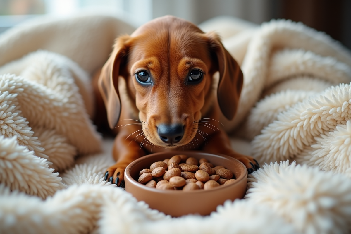 Chiot teckel allongé sur une couverture claire
