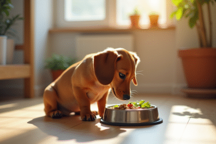Chiot teckel mangeant dans une cuisine lumineuse