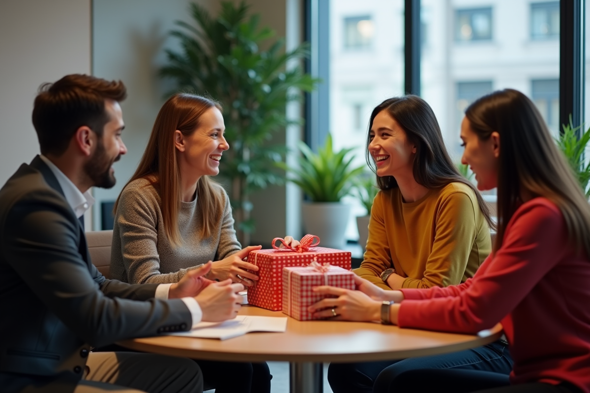 Groupe de collègues échangeant des cadeaux de secret santa au bureau