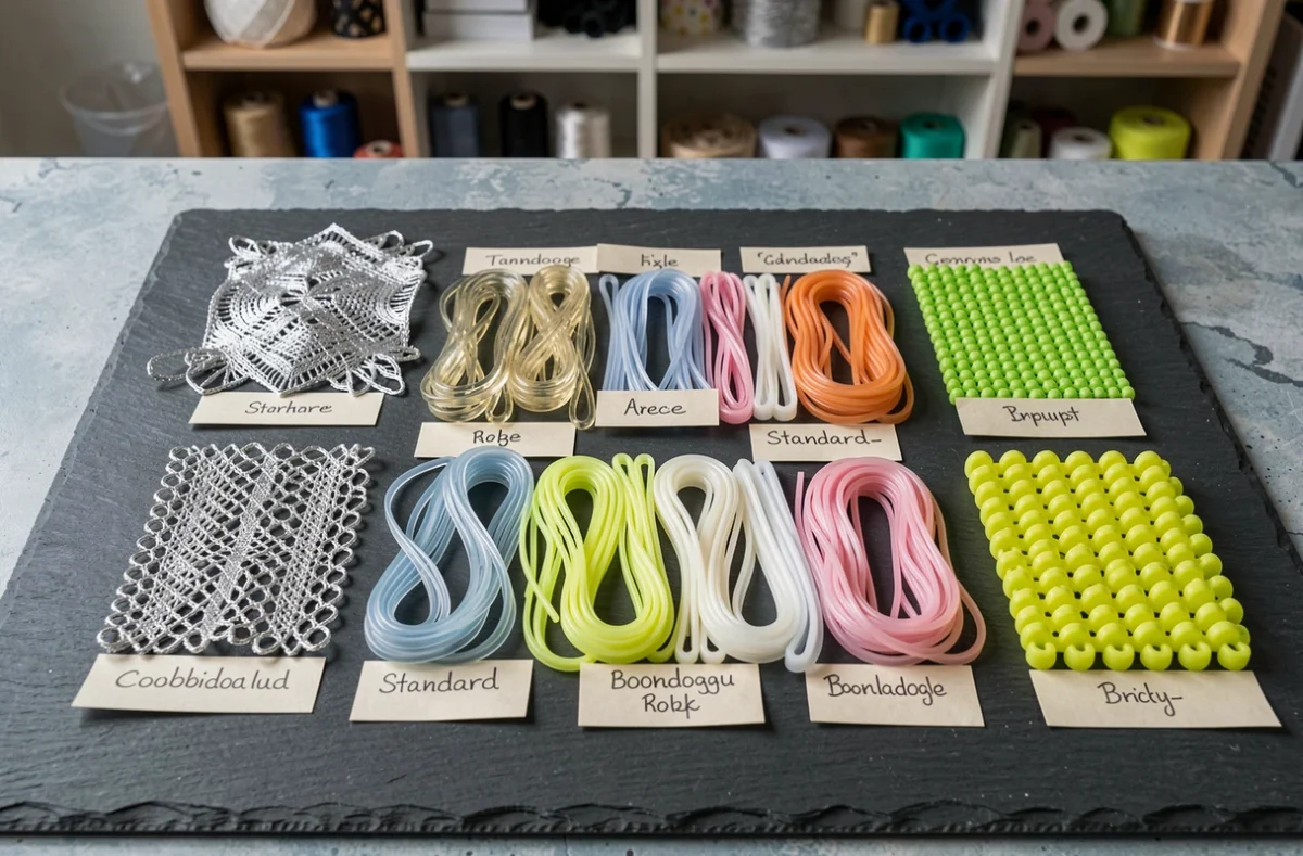 Comparatif de différents types de fils scoubidou pour fleur : métallisé, brillant, mat et fluo disposés sur ardoise
