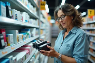 Femme comparant des cartouches d'encre dans un magasin de fournitures de bureau en Espagne