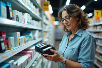 Femme comparant des cartouches d'encre dans un magasin de fournitures de bureau en Espagne