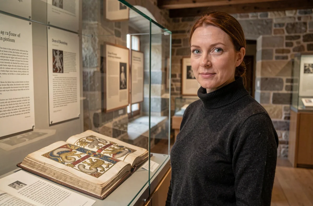 Conservatrice de musée breton présentant un codex médiéval illustrant les hermines du duché de Bretagne