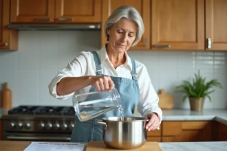 Femme versant de l'eau d'un litre dans une casserole avec un tableau de conversion volume posé sur le plan de travail