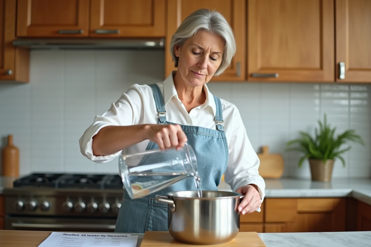 Femme versant de l'eau d'un litre dans une casserole avec un tableau de conversion volume posé sur le plan de travail